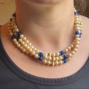 Vintage faux pearl, gold and navy choker necklace